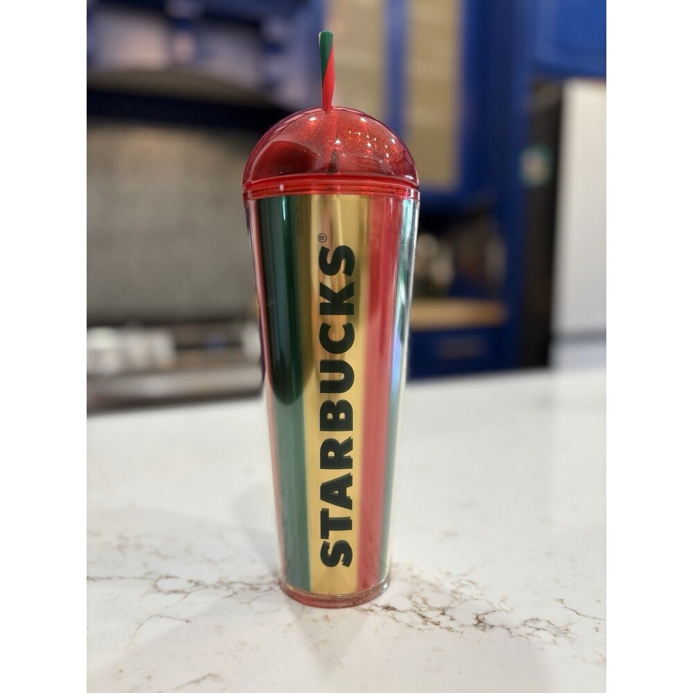 Starbucks 2024 Red Green & Gold Metallic Cold Tumbler Cup Dome Lid 24 oz